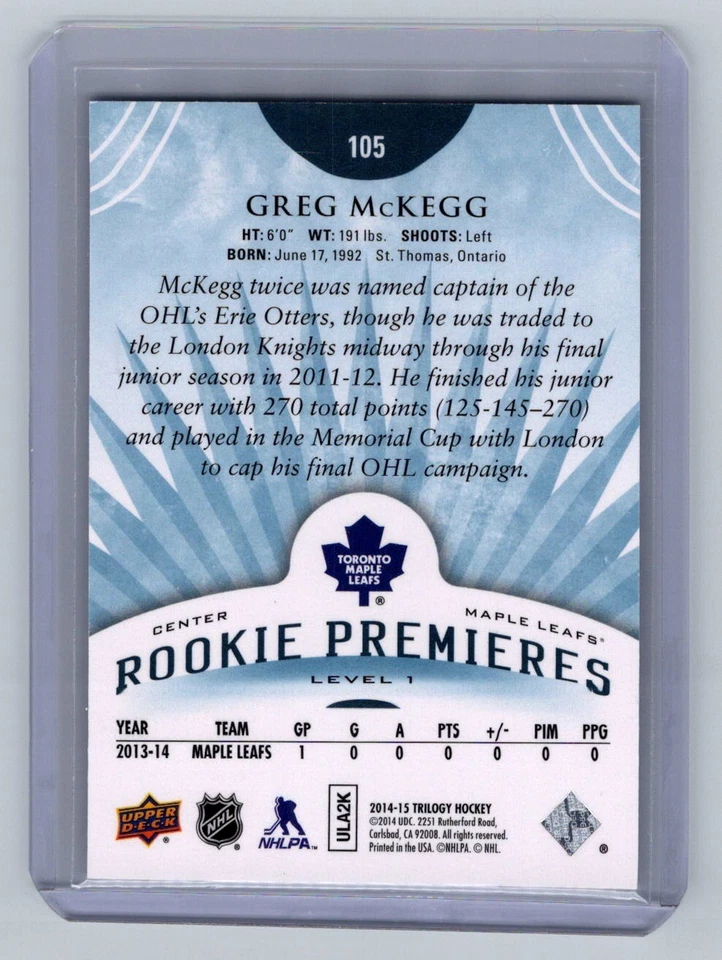 2014 Upper Deck Trilogy #105 Greg McKegg RC /499 Toronto Maple Leafs - Image 2 of 2