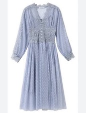 Romantic Blue Mesh Dress puff sleeves swiss dot polka dots Lace trim Coquette