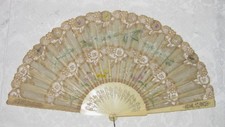 Antique Victorian Fan Hand Painted Silk Lace and Bone Sticks 1880's