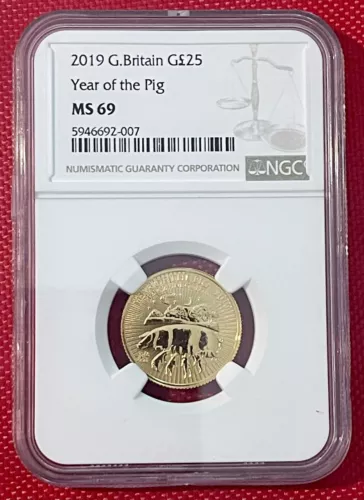 2019 GOLD GREAT BRITAIN 1/4 oz 25 POUND LUNAR YEAR OF THE PIG COIN NGC MS 69