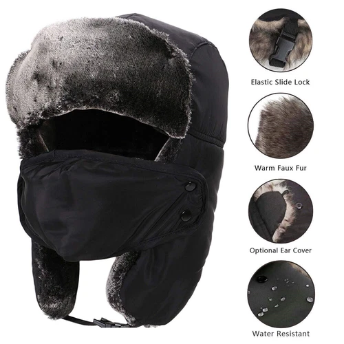 Winter Outdoor Trapper Hats Face Mask Fur Warm Russian Aviator Thermal Ski Caps - Picture 2 of 9