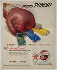 Original Texaco Ad: 1950s Packs PUNCH! Series, Blue Yellow Green Vintage Cars