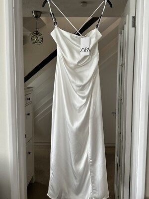 Zara White Satin Effect Midi Slip Dress with Chain Straps Size S
