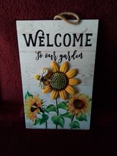 Welcome To Our Garden Wood Sign 3D Metal Sunflowers  Bee 10x7 New