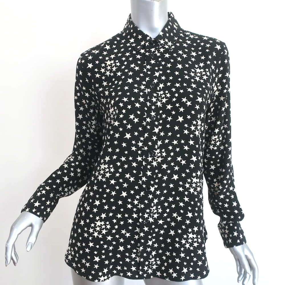 Camicia di seta Saint Laurent stampa stelle nero bianco taglia 42 blusa manica lunga