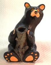 Jeff Flemming "Bear Feet" Figurine Black Bear Holding Tree Stump Candle Holder