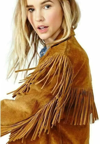 Western fringe Suede Leather Cowgirl Brown Women Native American Cowlady Jacket - Picture 2 of 4