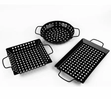 Non-Stick Grill Basket Set 3-Piece BBQ Accessory Set Wok Pan Grill Veggie Shrimp