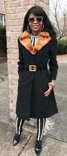 Elegant Designer Black Cinzia Rocca Wool, Fur Collar Trim Coat Jacket 36 S 0-6