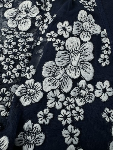 Michael Kors Navy Blue Floral Embroidery V-Neck Flare Cap Sleeve Mesh Dress 6 - Picture 8 of 10