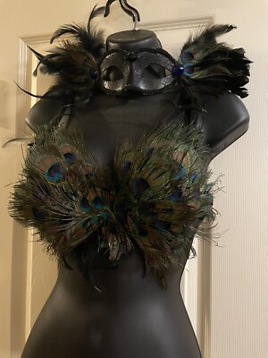 Real peacock feather Covered Bra 36~B & Feather/Bead Covered Mask Halloween ￼