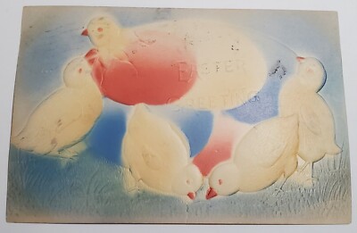 Vtg 1900's Happy Easter Greetings Postcard Chick's Lilly's Bunny Rabbit Embossed