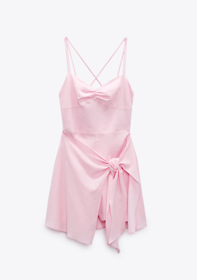 ZARA PAREO JUPSUIT pastel pink wrap linen dress XS | eBay