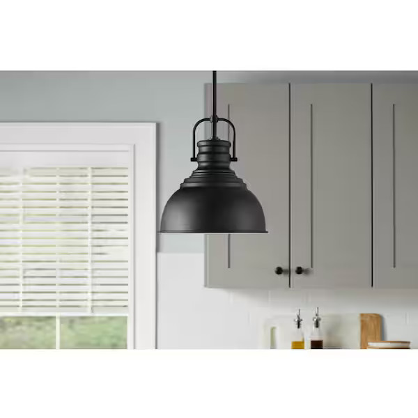 Home Decorators Shelston 10 in. 1-Light Black Farmhouse Pendant w/Metal Shade