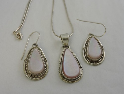 Sterling Silver Necklace & Earring Set Tear Drop Pink MOP 16" 1 1/2" 17 grams - 第 1/6 張圖片