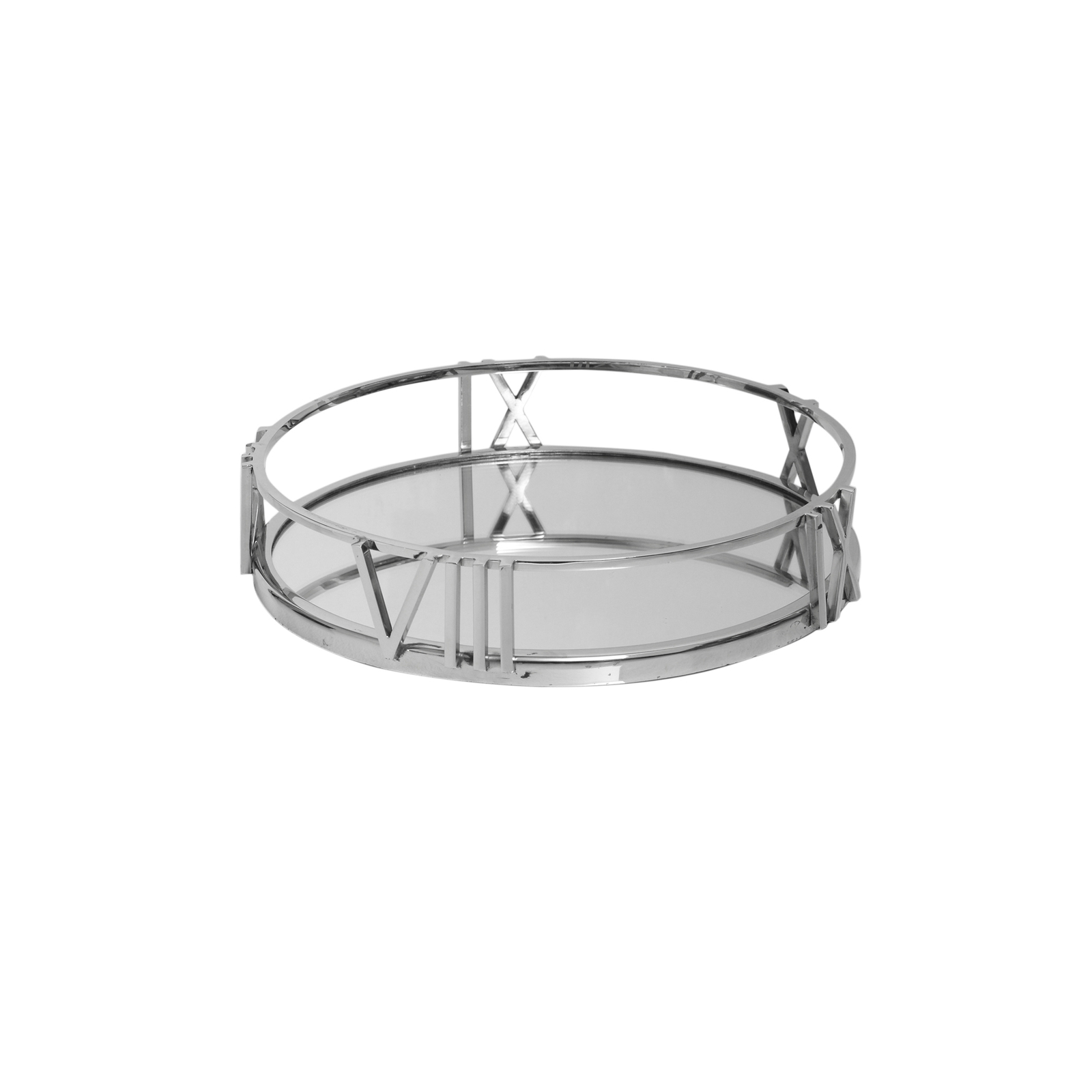 SAVE 50%! Silver Round Serving Table Candle Tray Mirror Glass Base Roman Numeral