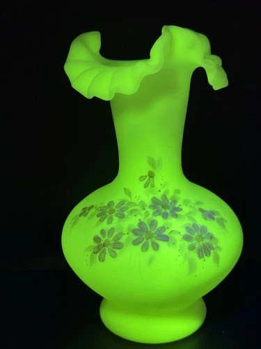 Large Fenton Art Glass Hand Painted Floral Custard Vase Signed J. Brown 10 3/4”