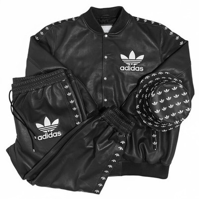 Vintage ADIDAS Black Leather Tracksuit Jacket Pants & Hat Set Monogram Logo