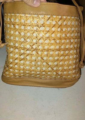 Tommy Bahama Cane Wicker Bucket Bag Drawstring Linen Lined Purse Beige Crossbody