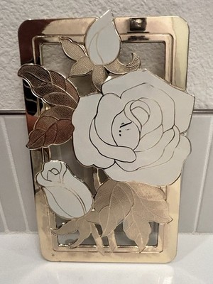 Vintage WM A Rogers White Rose Flower Gold Tone Metal Cloisonne Trivet Japan