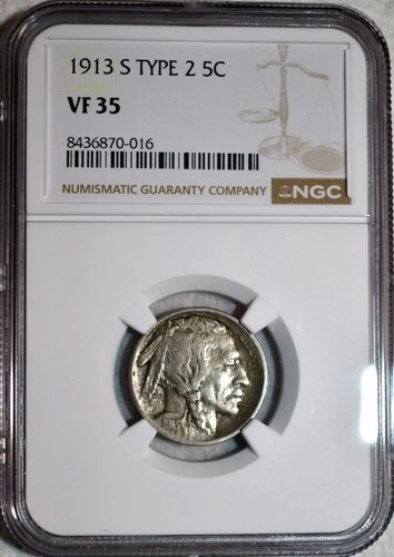 NGC VF-35 1913-S Type 2 Buffalo Nickel, 95% Full-Horn & Borderline XF Key-Date!