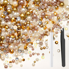 80G Mix Flatback Pearls and Rhinestones for Crafts Champagne Gold Mixed Size 2Mm