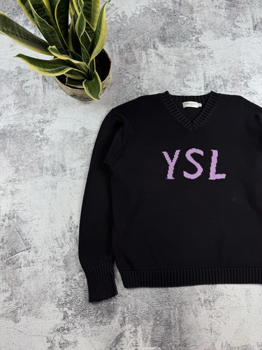 Vintage 90s Yves Saint Laurent YSL Knit Black V-Neck Sweatshirt Sweater Pullover - Picture 2 of 10