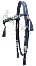 Western Blak Leather Headstall Hand Braided White Rawhide Knotting Futurity Knot