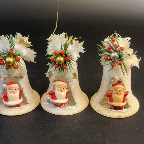 3 Vintage Weihnachtsmann beflockt Diorama rot Filz Glocke Weihnachtsschmuck Set Lot Japan
