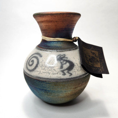 Kokopelli Authentic Iridescent Raku Art Vase Jeremy Diller with Tag