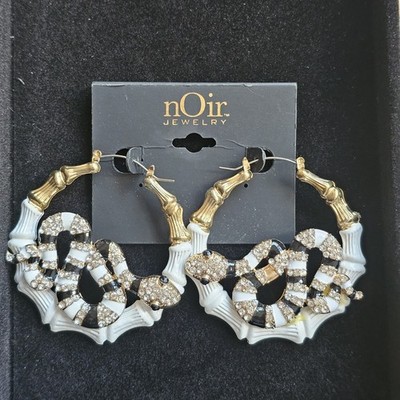 nOir Black and White Rhinestone Snake Hoop Earrings