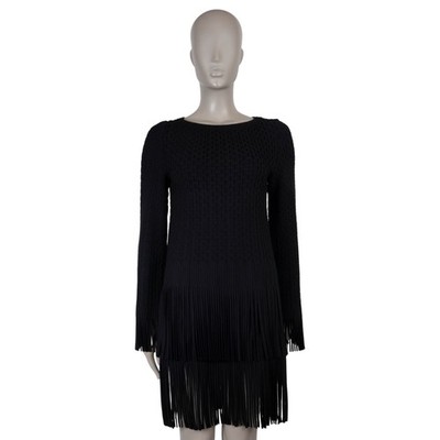 73629 auth ALAIA black viscose 2008 FRINGE TRIM KNIT Dress 38 S
