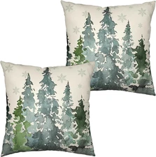 Watercolor Pine Tree Pillow Covers 18x18 Winter Rustic Nature Forest Decorative 