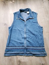 Vtg Bobbie Brooks Womens L Denim Vest Full Zip Embroidered Beaded Western Blue