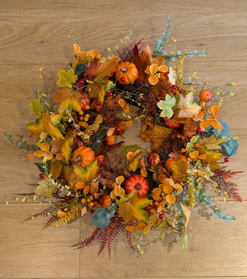 XL 50cm Handarbeit Unikat Herbstkranz für Tür - Kürbis Halloween Erntedank