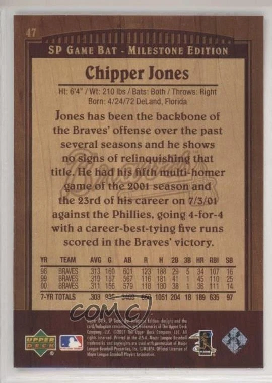 2001 SP Game Bat Milestone Edition Chipper Jones #47 HOF - Image 2 of 2