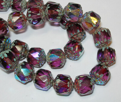 15 Beautiful Amethyst Purple AB Travertine Cathedral Czech Glass 8mm beads