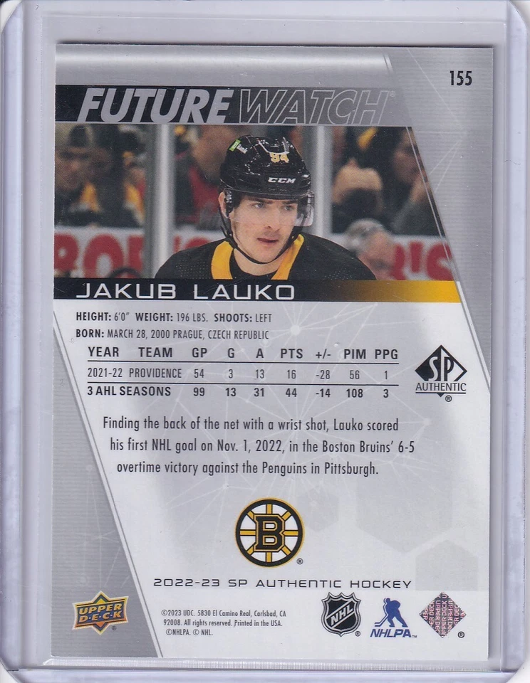 2022-23 SP Authentic Future Watch Jakub Lauko Rookie 425/999 #155 Boston Bruins - Image 2 of 2