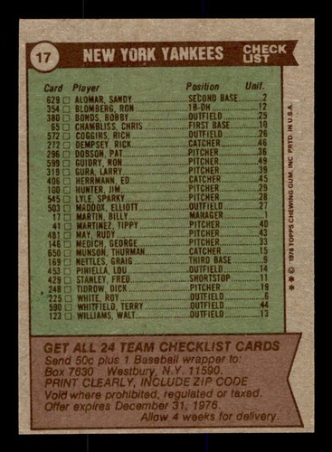 1976 Topps Baseball #17 New York Yankees Team EX *d7 - Foto 2 di 2