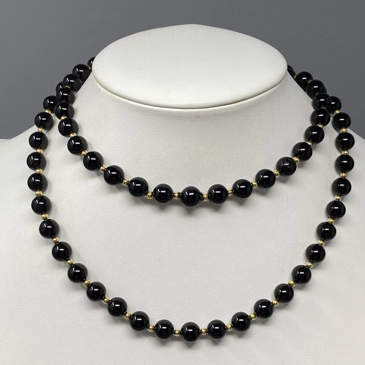 VTG Stone Pearl Necklace Black Shiny Gemstone Beads Chakra Classy
