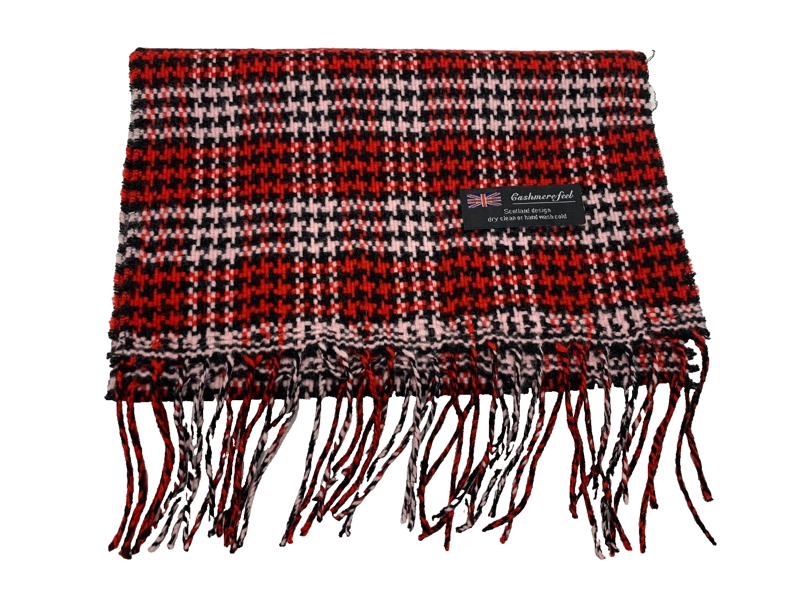 Scotland cashmere houndstooth scarf in red and black with soft fringe