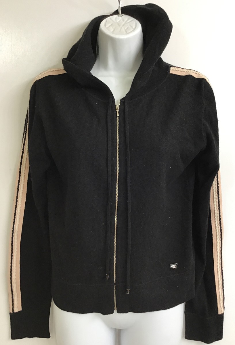 Chanel Vintage Black Zip Up Hoodie Tan Arms Stripes Cashmere