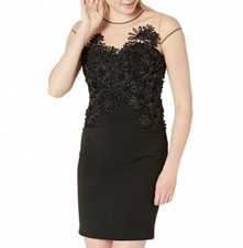 NWT HALSTON Women's Cap Sleeve Embroidered Floral Applique Dress, Black Size 0