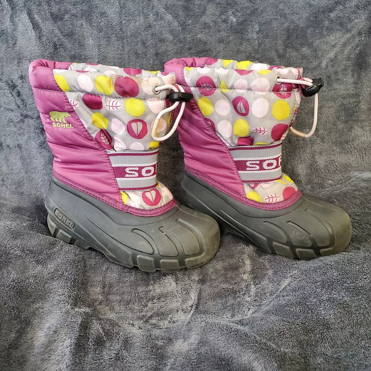 Sorel Girls Snow Winter Boots Polka Dot Leaves Insulated Purple Toggle Girls 11