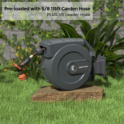 Giraffe Tools Retractable Garden Water Hose Reel Wall Mounted 5/8-IN 115-FT-Yard - Picture 3 of 6