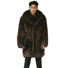 Men's Winter Warm Faux fox  Overcoat Long Sleeve Casual Mid Long Outwear Chic