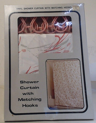Vtg 70s Shower Pac Curtain Pink Grey  White Retro New Sealed NOS w/ Rings