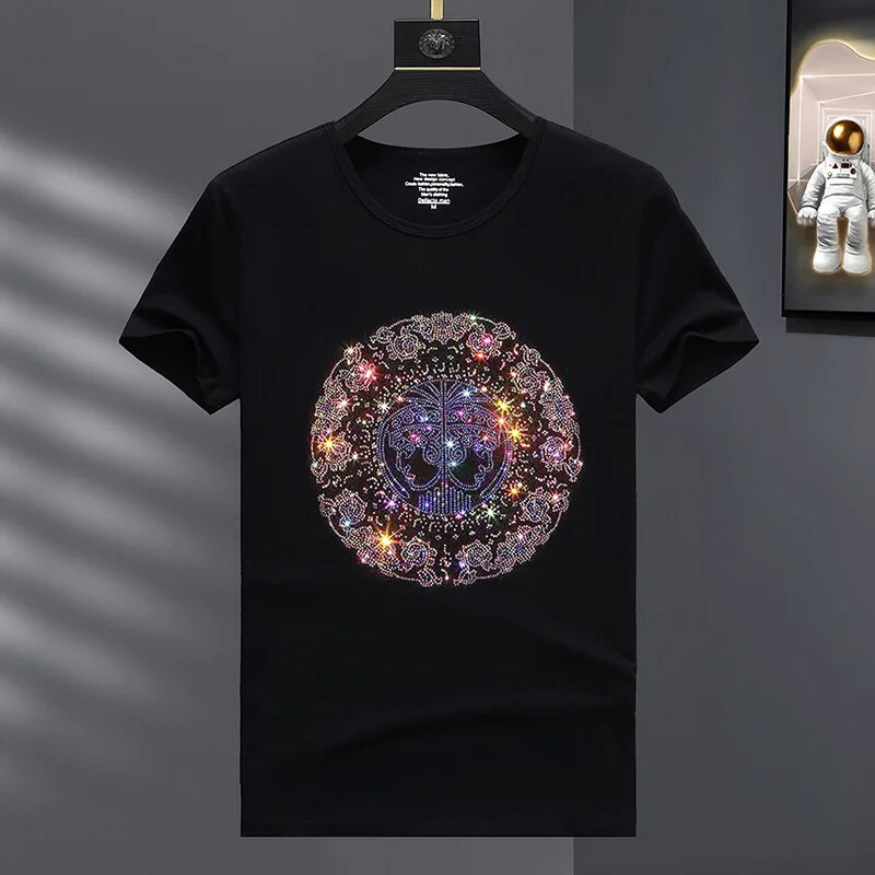 New Fashion Trend Rhinestone Summer Short Sleeve Luxury Men Streetwear  T-Shirt