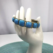 Fossil Stretch Square Blue Beaded Link Bracelet Dark Gold Hardware 7"
