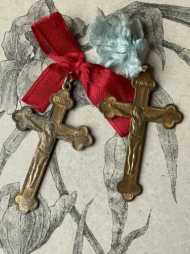 Two Charming Little Religious Crosses - Mission Souvenir - Gold Metal